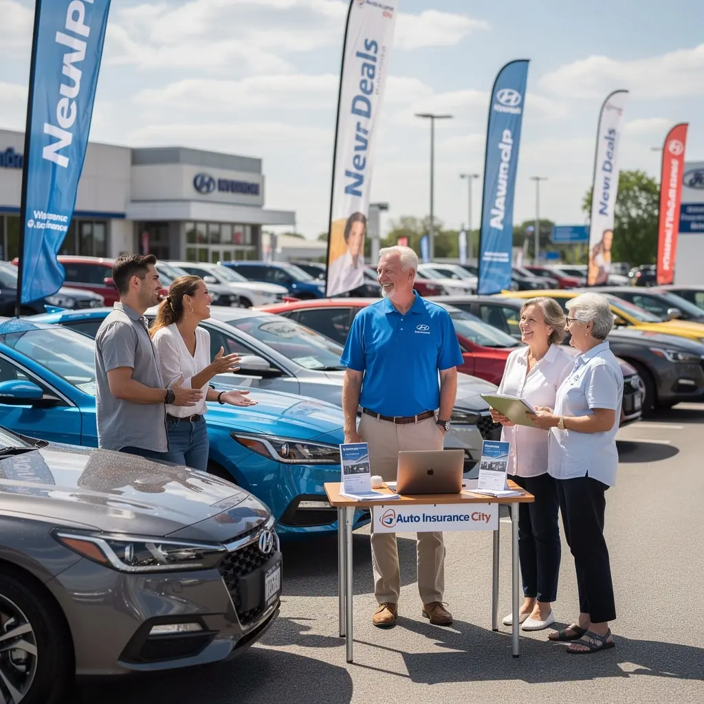Ekran z informacjami o dostępnych ubezpieczeniach samochodowych w mieście.